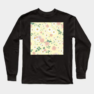 Classic Flower Wallpaper: Delicate Daisies and Roses Hand-Drawn on Yellow. Long Sleeve T-Shirt